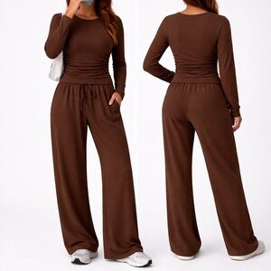 Women's High-Waist Wide Leg Lounge Pants - Brown